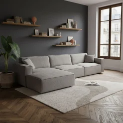 Canapé grand angle gauche fixe en tissu tramé - gris borie