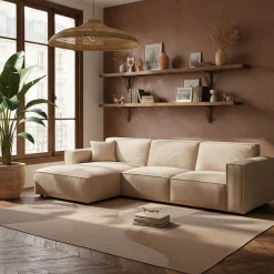 Canapé grand angle gauche fixe en velours côtelé azores - taupe