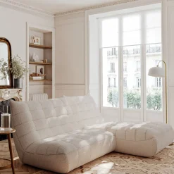 Canapé modulable avec méridienne en tissu chenille - beige roucas
