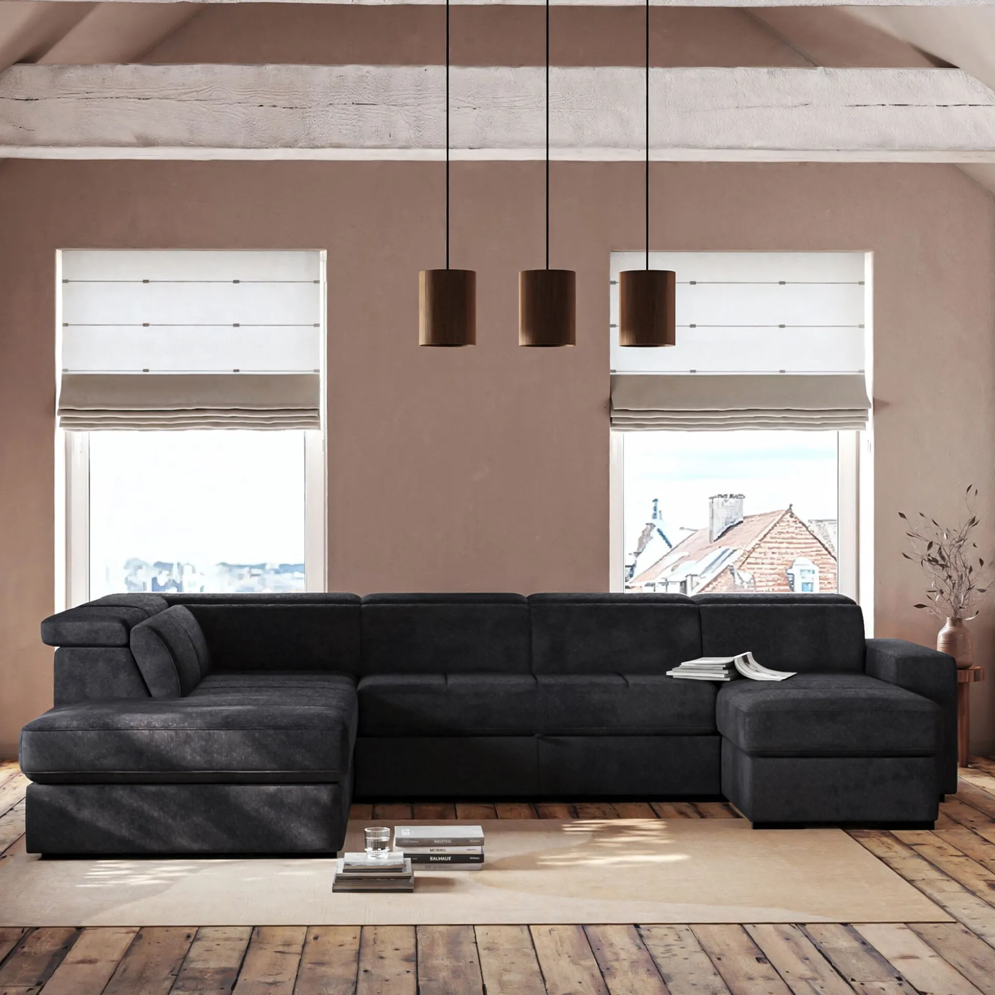 Canapé panoramique convertible avec méridienne droite en tissu doux - gris ardoise