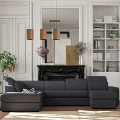 Canapé panoramique convertible avec méridienne droite en tissu doux - bleu calabrun