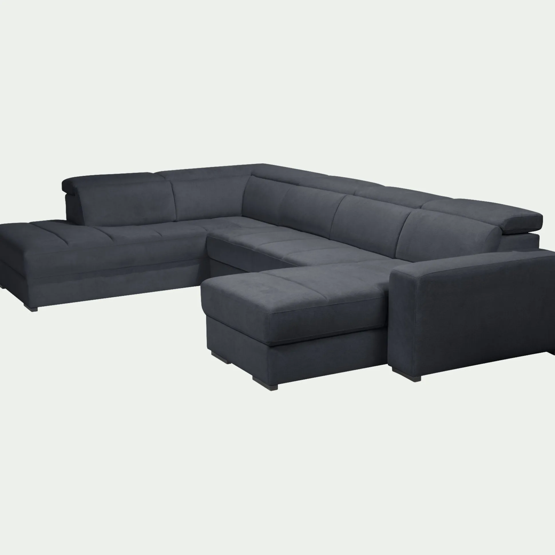 Canapé panoramique convertible avec méridienne droite en tissu doux - bleu calabrun