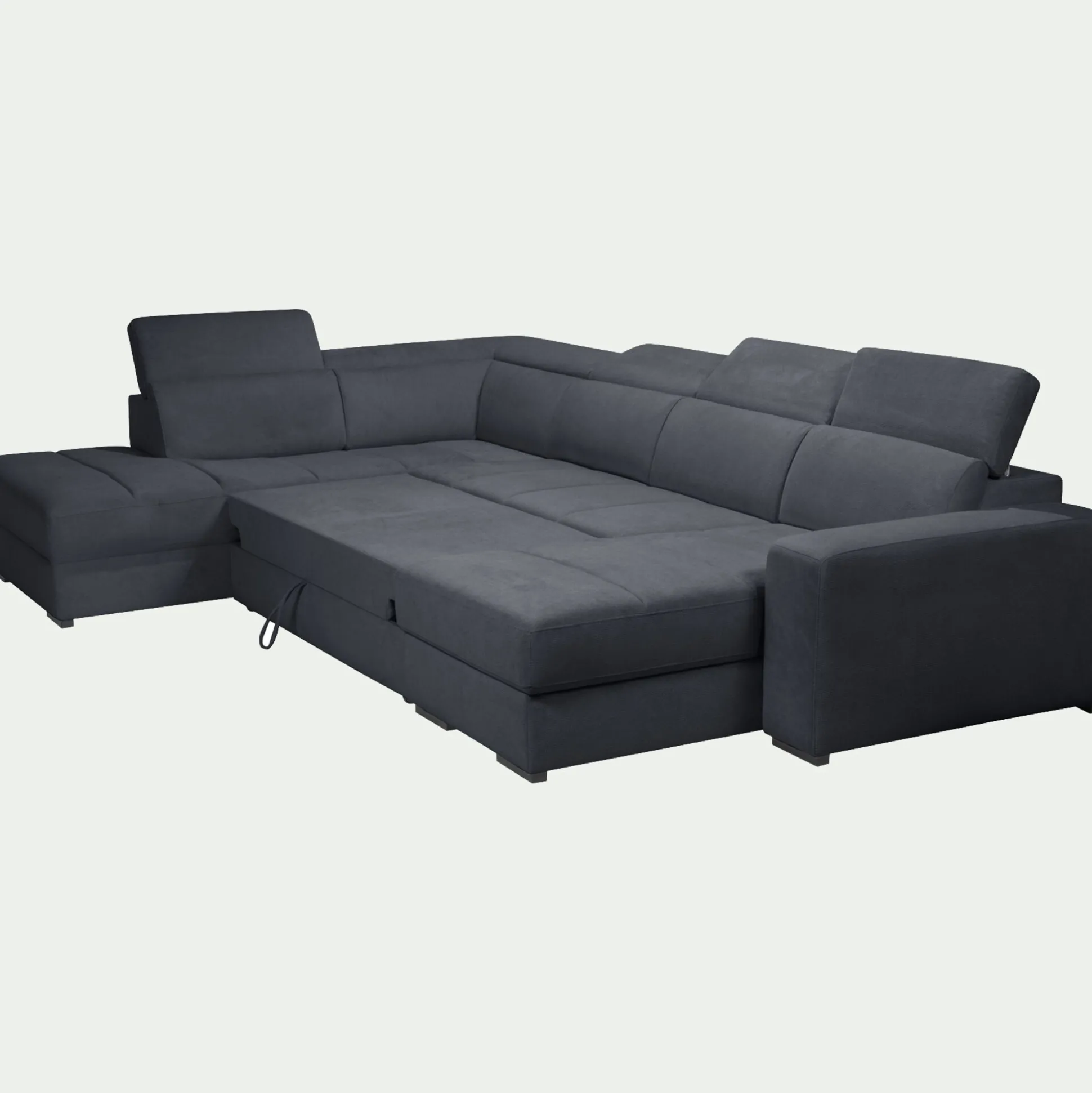 Canapé panoramique convertible avec méridienne droite en tissu doux - bleu calabrun