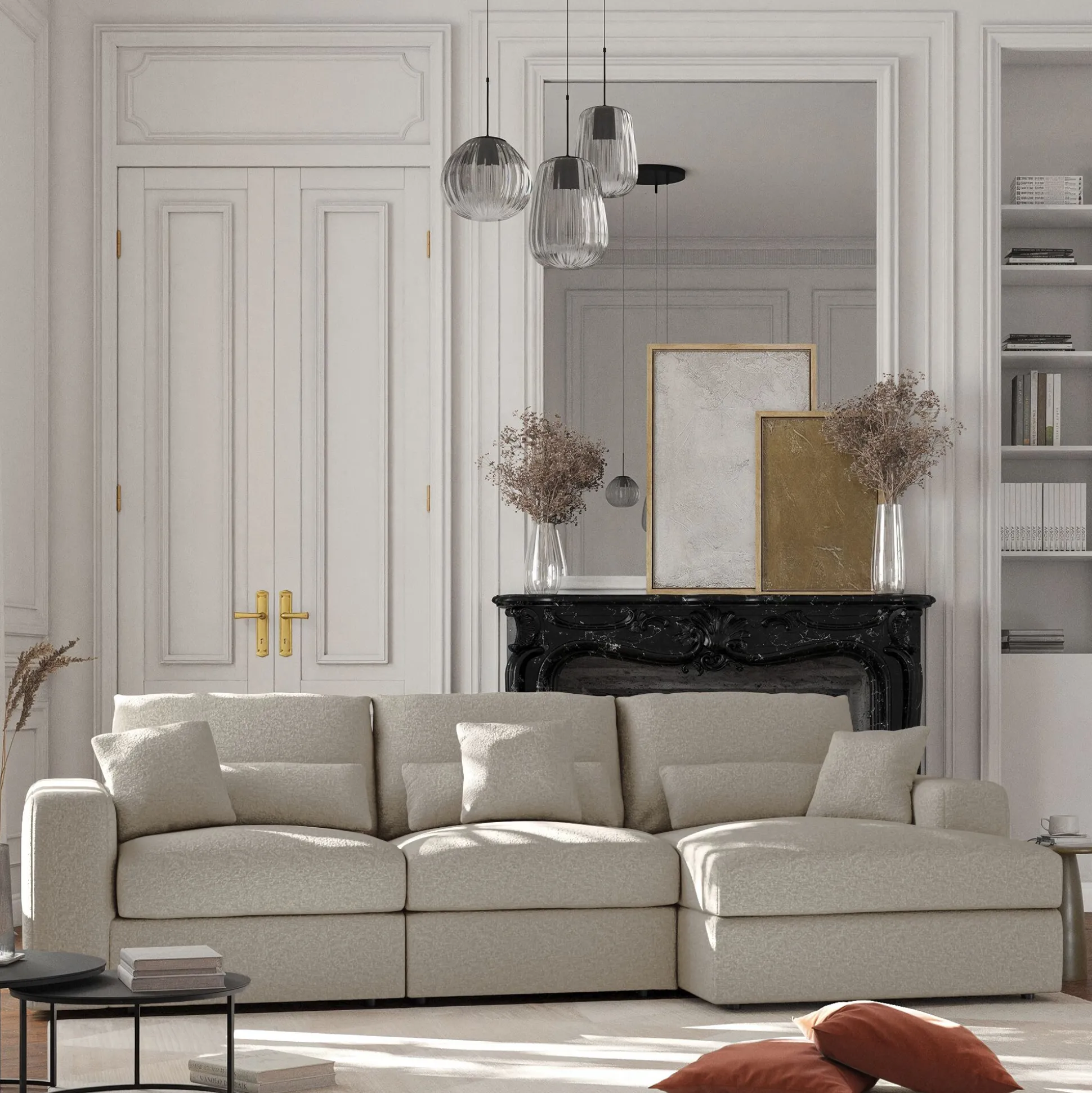 Canapé petit angle droit fixe en tissu bouclette - blanc écru