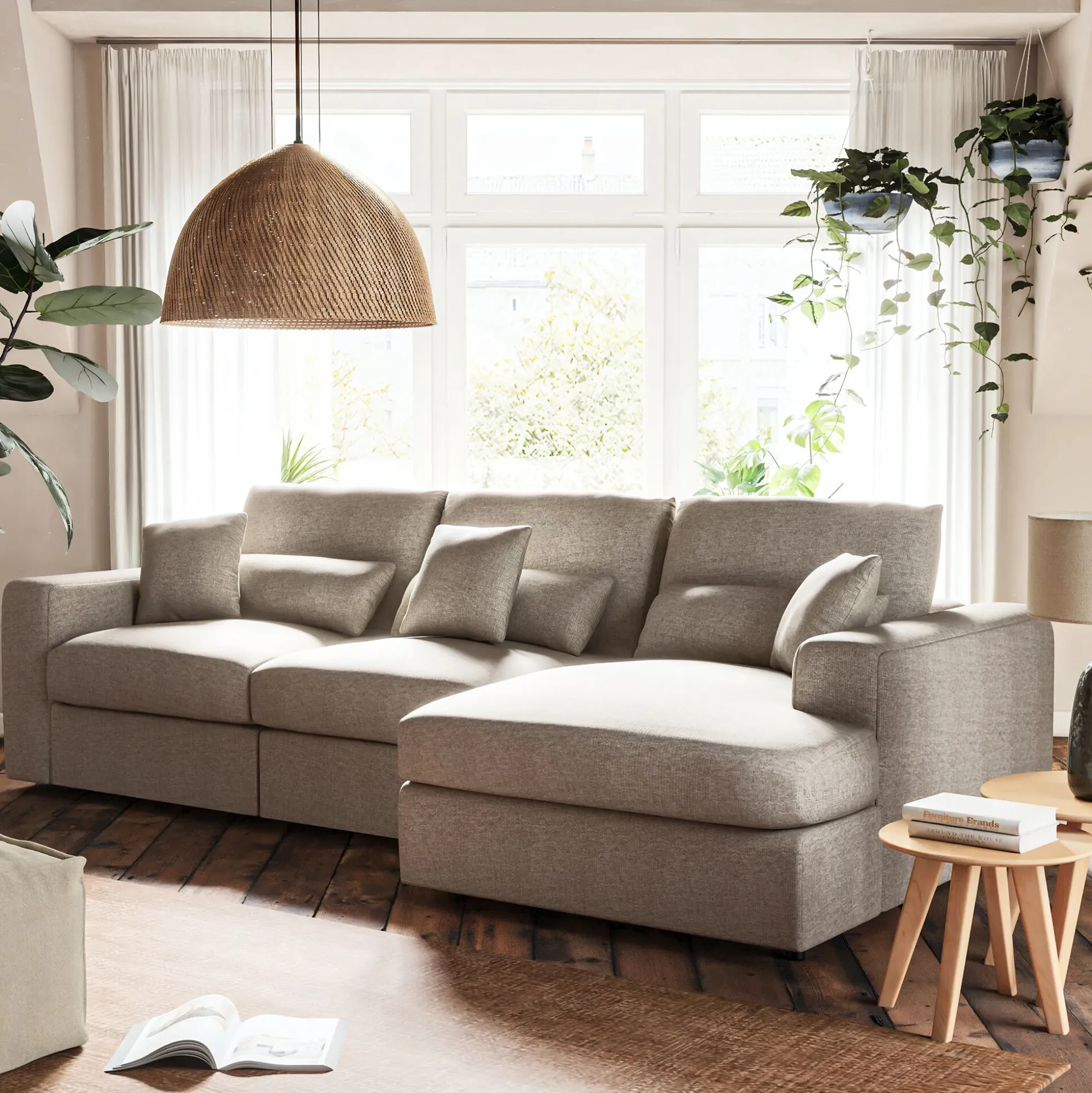 Canapé petit angle droit fixe en tissu chenille benjo - beige roucas