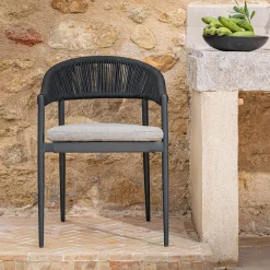 Chaise de jardin avec accoudoirs en aluminium et cordage - noir