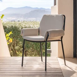 Chaise de jardin rembourrée avec accoudoirs en acier et tissu - beige