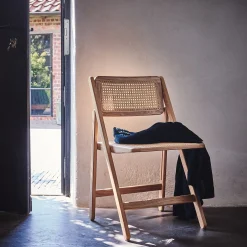 Chaise de repas pliante en hêtre et cannage - naturel