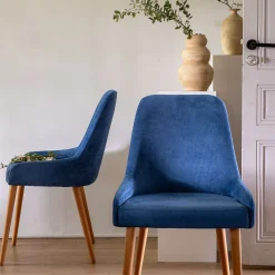 Chaise en tissu effet velours et piètement naturel - bleu