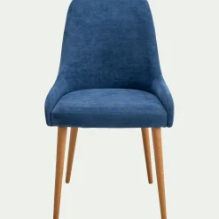 Chaise en tissu effet velours et piètement naturel - bleu