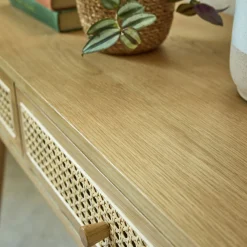 Coiffeuse 2 tiroirs en chêne et rotin - bois clair