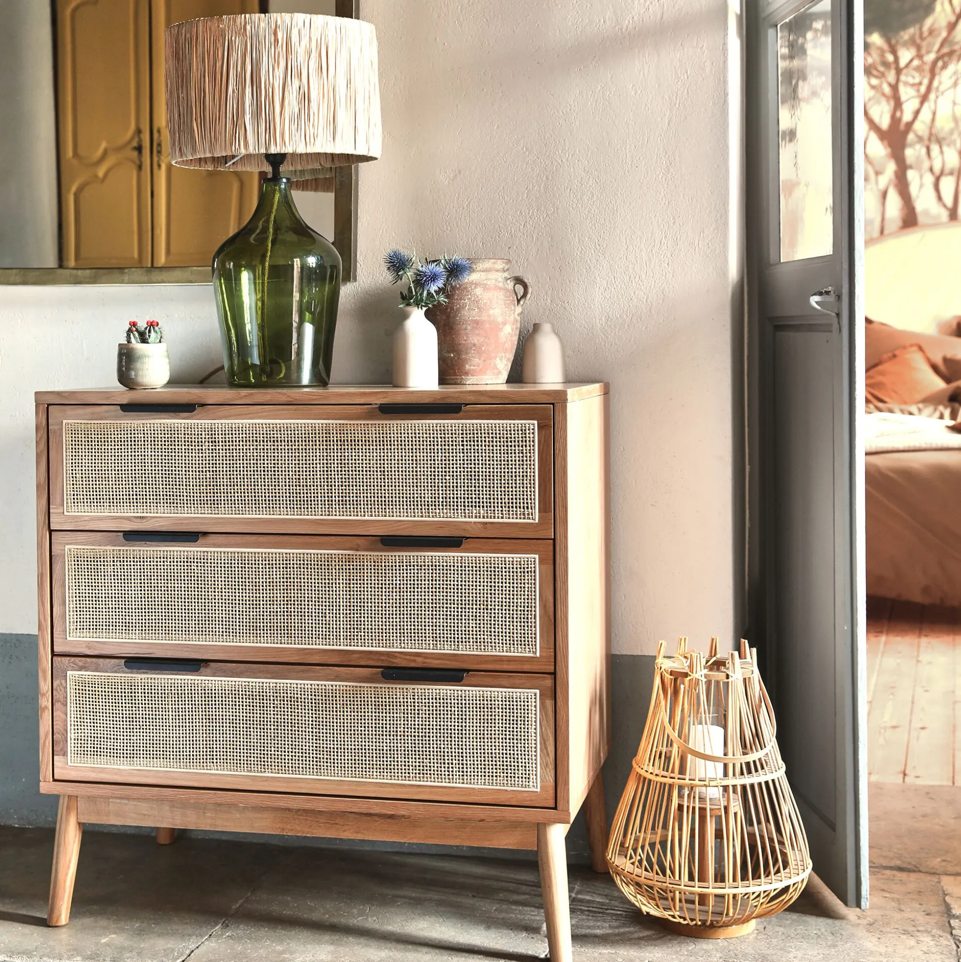 Commode 3 tiroirs en bois et cannage - bois clair