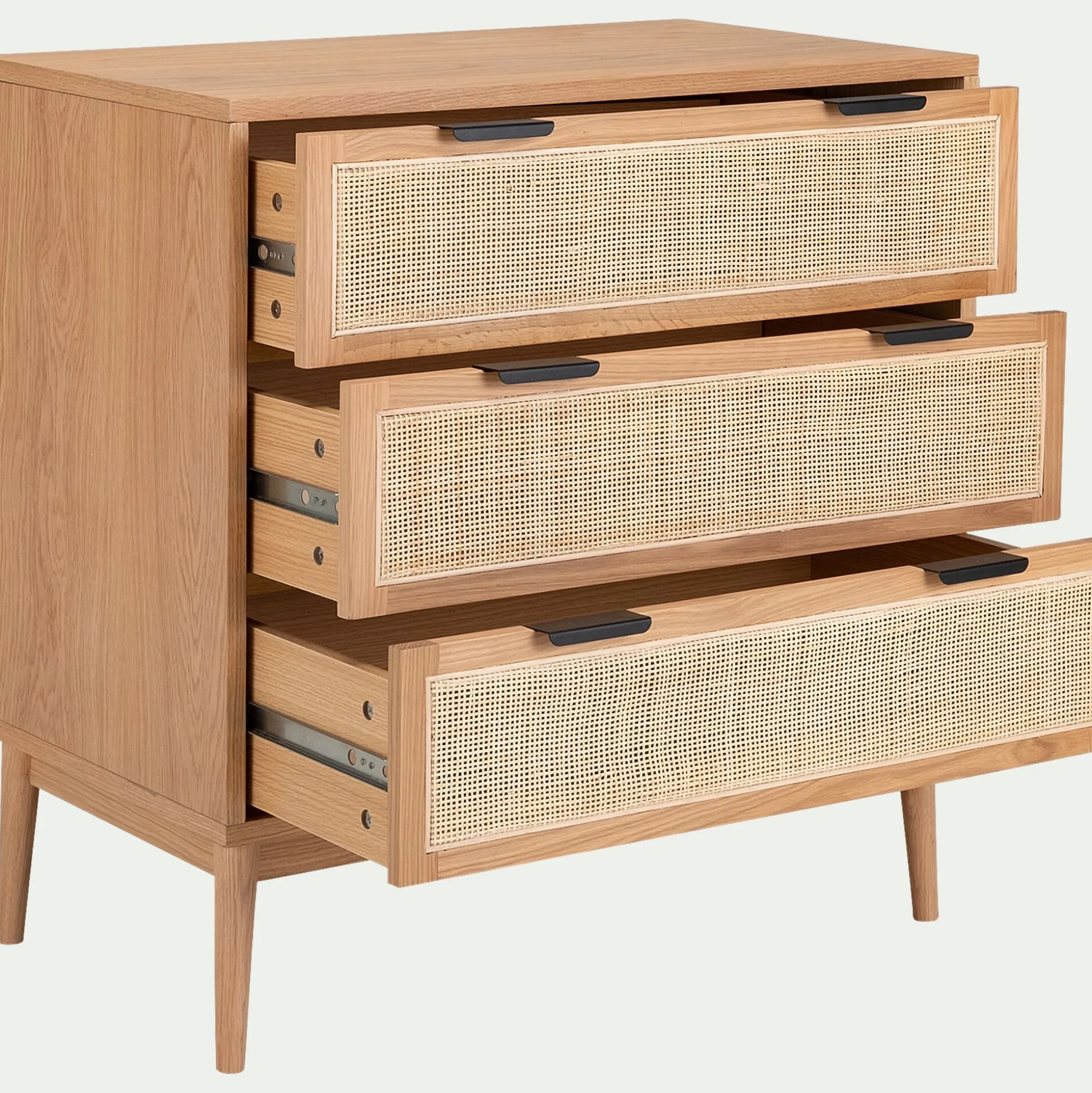 Commode 3 tiroirs en bois et cannage - bois clair