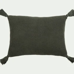 Coussin à pompons tricoté en coton 35x50cm - vert cèdre