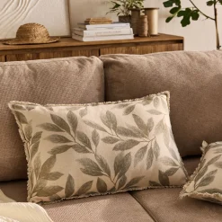 Coussin en coton motif végétal finition franges 40x60cm - vert