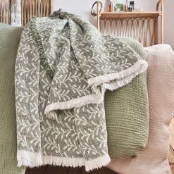 Couvre lit en coton motif feuilles finition franges 230x250cm - vert