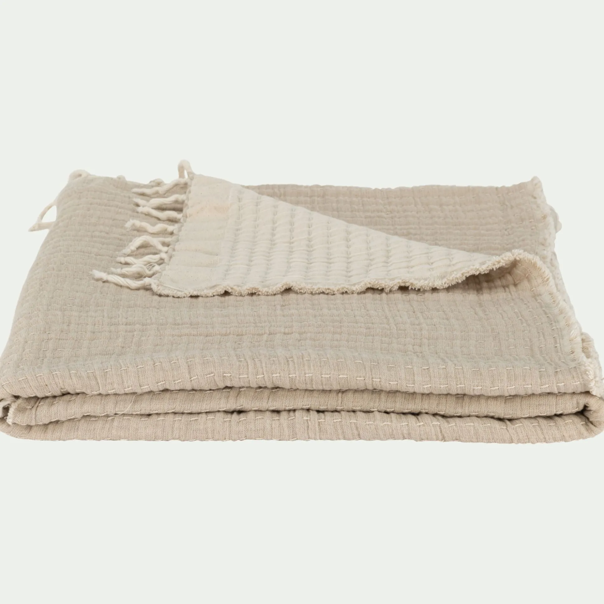 Couvre-lit en coton frangé 230x250cm - beige