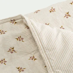 Couvre-lit en lin et coton 220x240cm motif rayé et floral - blanc