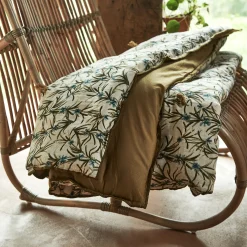 Édredon à motif romarin en lin et coton 100x180cm piquage pompons double faces - vert