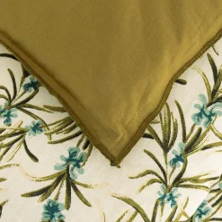 Édredon à motif romarin en lin et coton 100x180cm piquage pompons double faces - vert