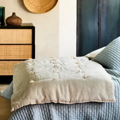 Édredon en lin et coton 100x180cm piquage pompons - vert olivier