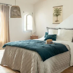 Édredon en velours de coton 100x180cm piquage pompons - bleu