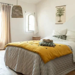 Édredon en velours de coton 100x180cm piquage pompons - jaune