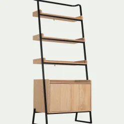 Etagère 3 tablettes et caisson plaquée frêne et métal noir - L80cm
