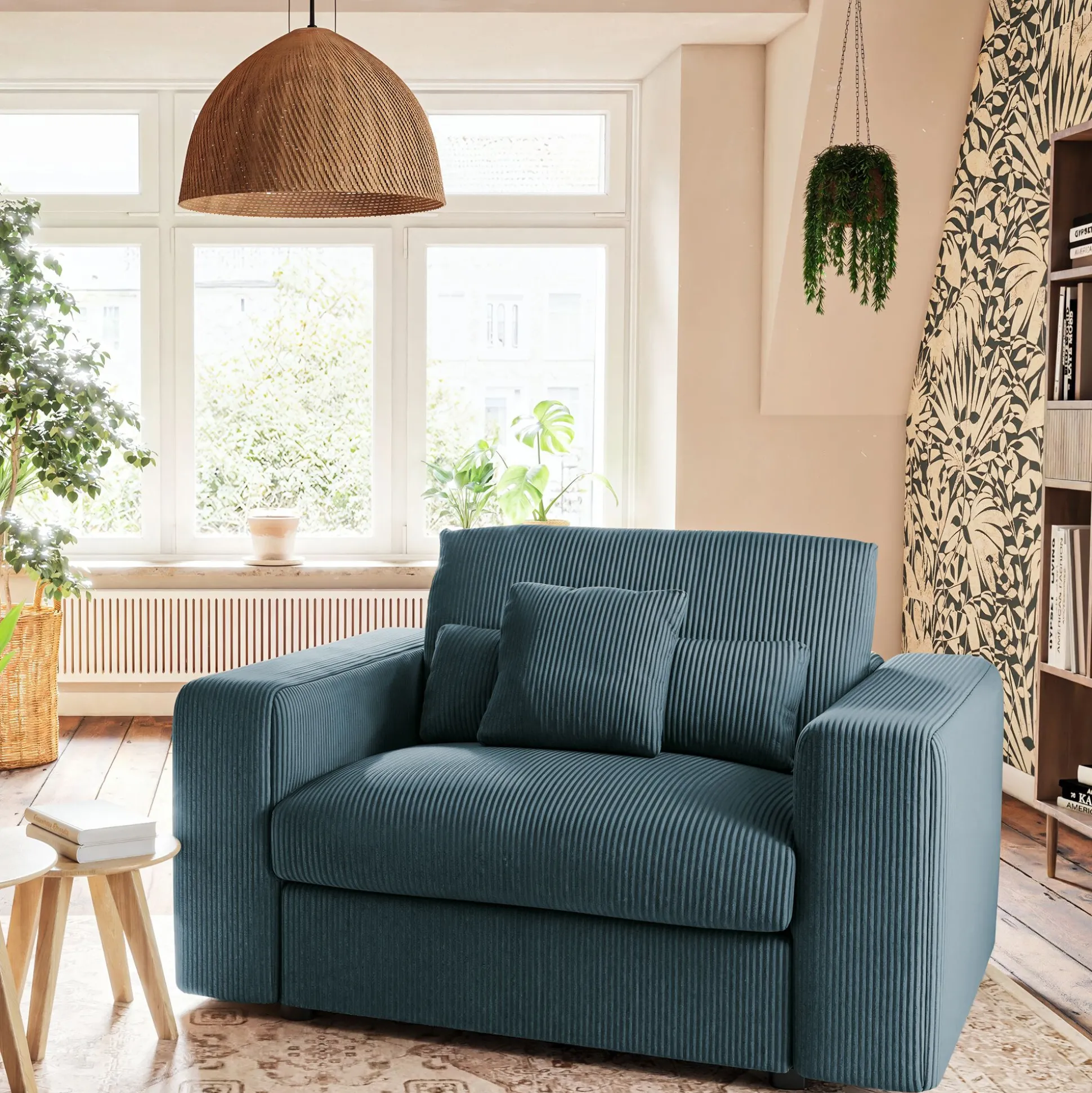 Fauteuil fixe en velours côtelé - bleu