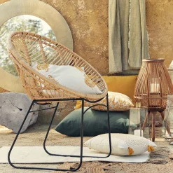 Fauteuil rond en rotin et métal - naturel