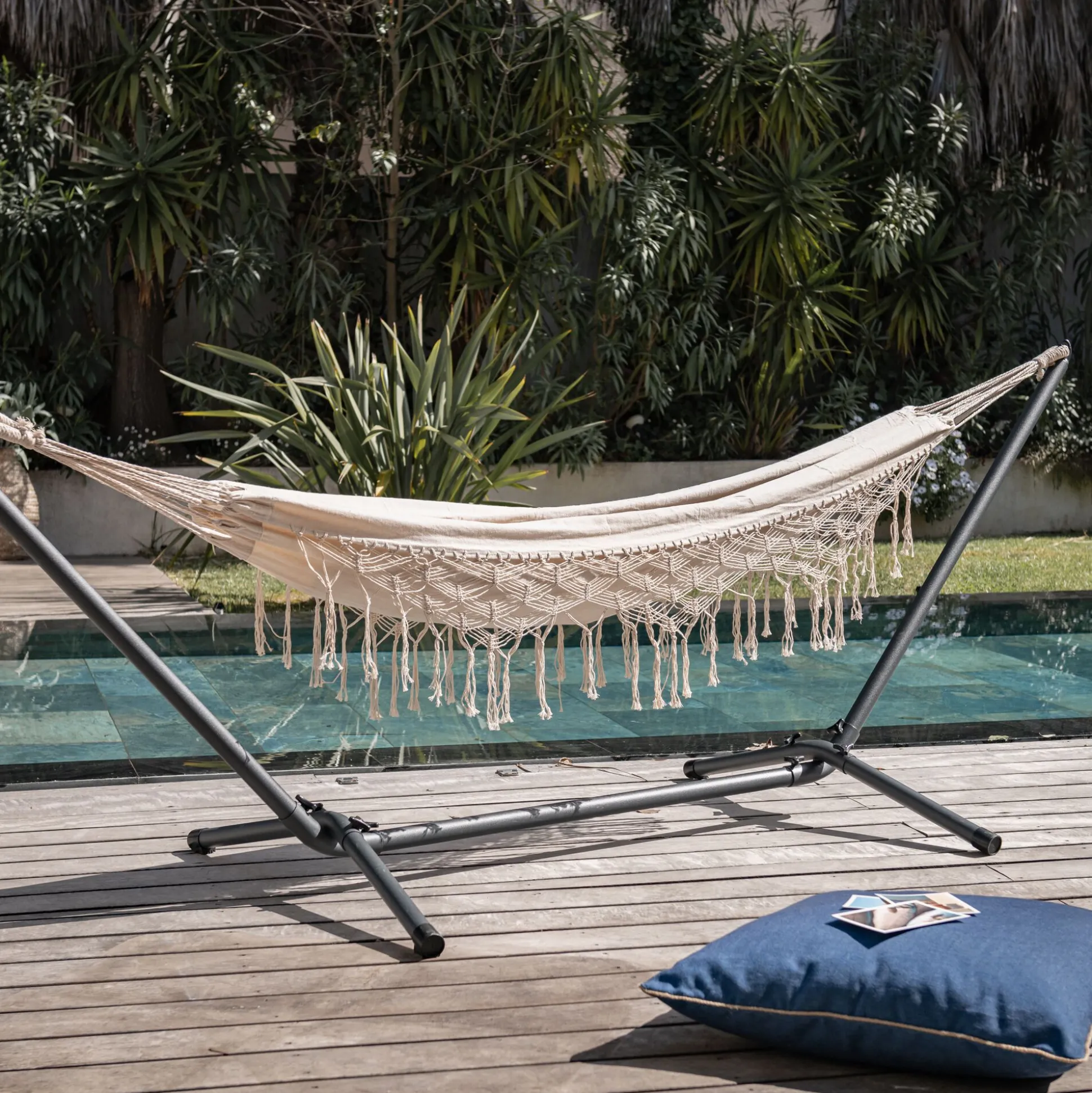 Hamac en coton avec finition en macramé - blanc ventoux