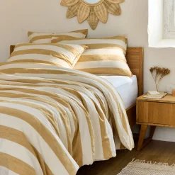 Housse de couette à rayures en coton flammé lavé 240x220cm - jaune