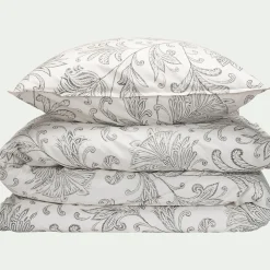 Housse de couette 240x220cm et 2 taies d'oreiller 63x63cm en percale de coton motif floral - blanc