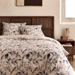 Housse de couette 240x220cm et 2 taies d'oreiller 63x63cm en percale de coton motif végétal - bleu