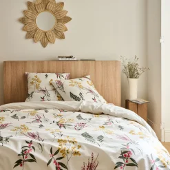 Housse de couette 240x220cm et 2 taies d'oreiller 63x63cm en percale de coton lavé motif floral - jaune