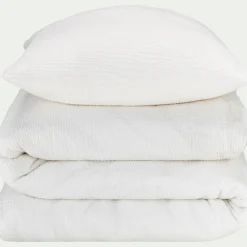 Housse de couette 260x240cm et 2 taies d'oreiller 63x63cm en double gaze de coton - blanc