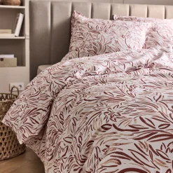 Housse de couette 240x220cm et 2 taies d'oreiller 63x63cm en coton lavé motif floral abstrait - marron