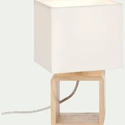 Lampe à poser carrée en bois et en coton H25cm - blanc