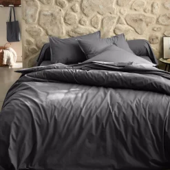 Linge de lit uni en percale de coton - gris ardoise