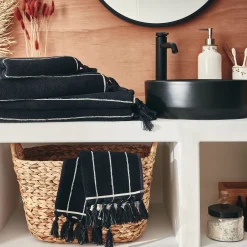 Linge de toilette rayé en coton - noir
