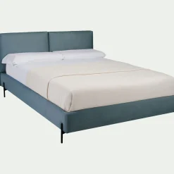 Lit 2 places avec tête de lit en tissu doux 160x200cm - bleu niolon
