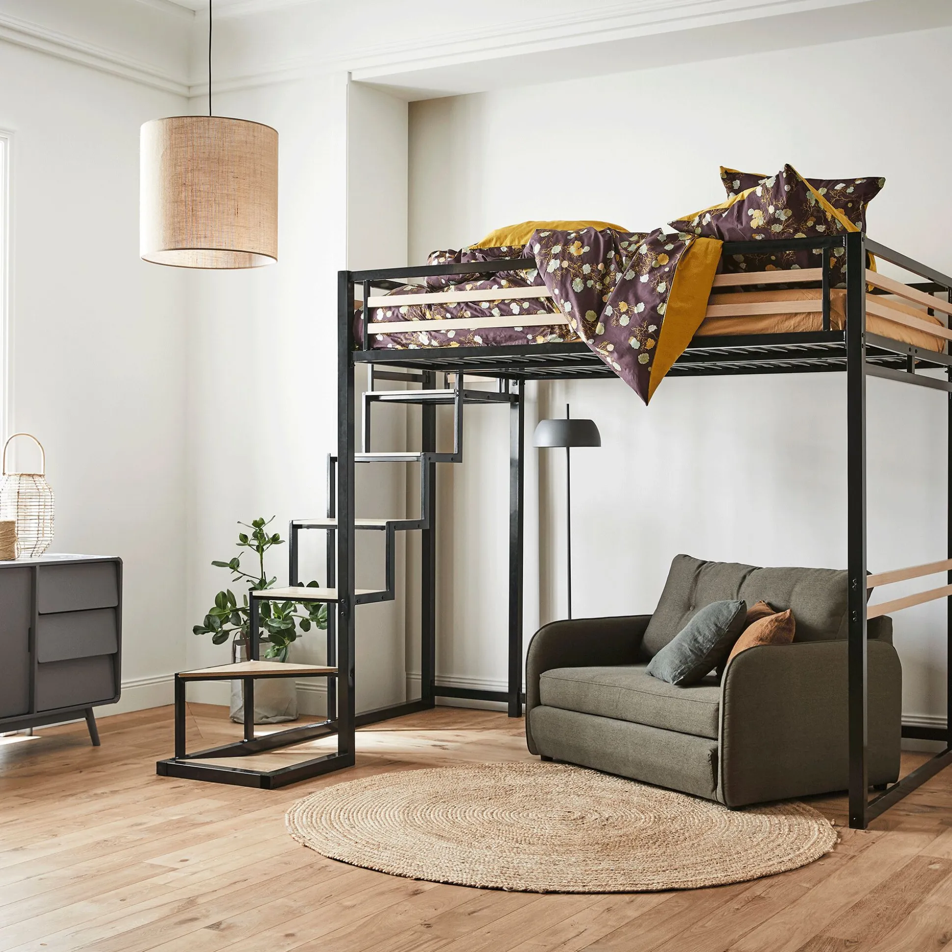 Lit 2 places mezzanine en acier - noir 140x200cm