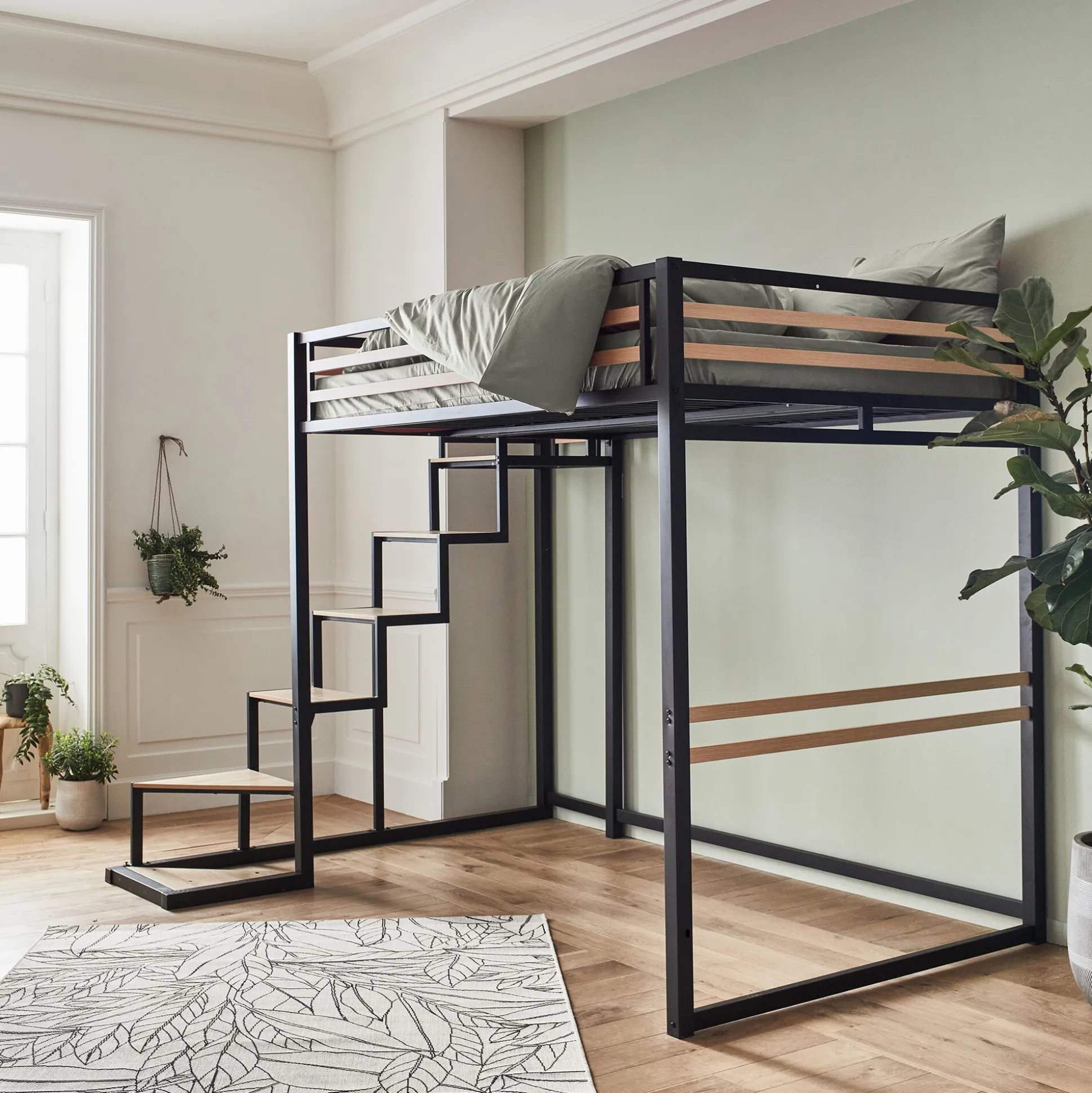 Lit 2 places mezzanine en acier - noir 140x200cm