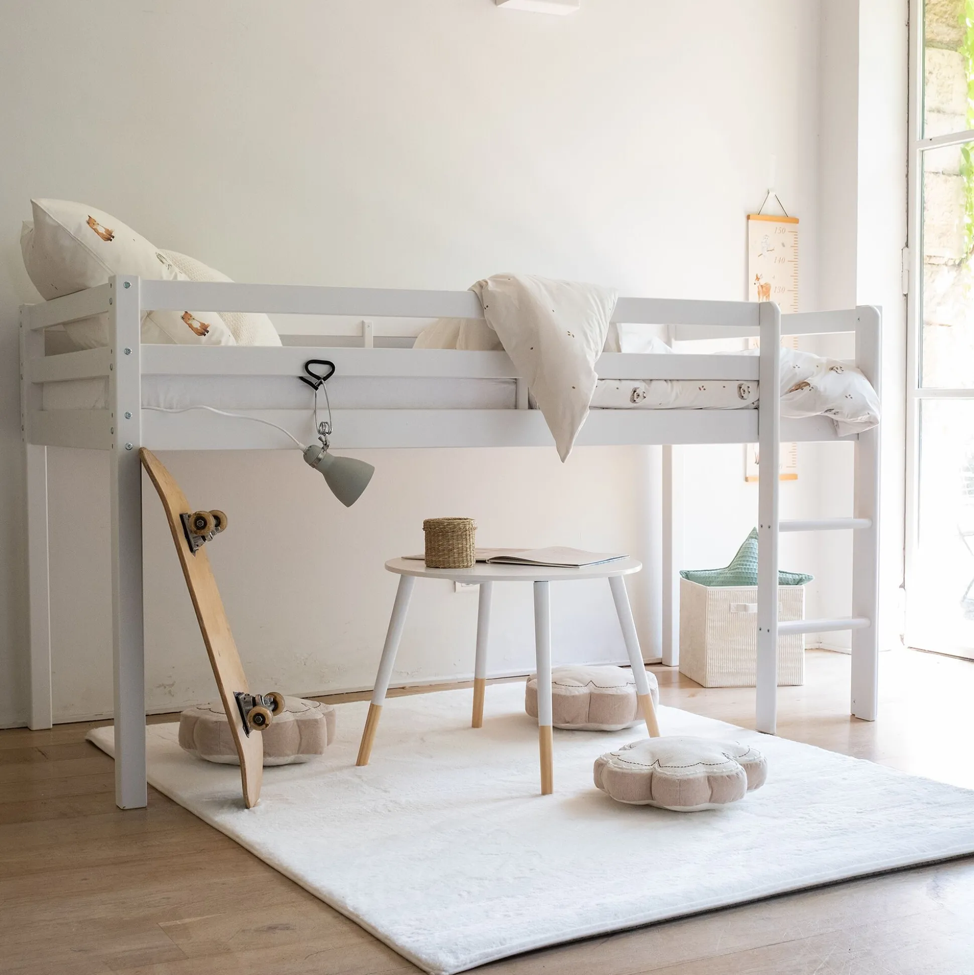 Lit enfant mi-haut 1 place en pin massif 90x200cm - blanc