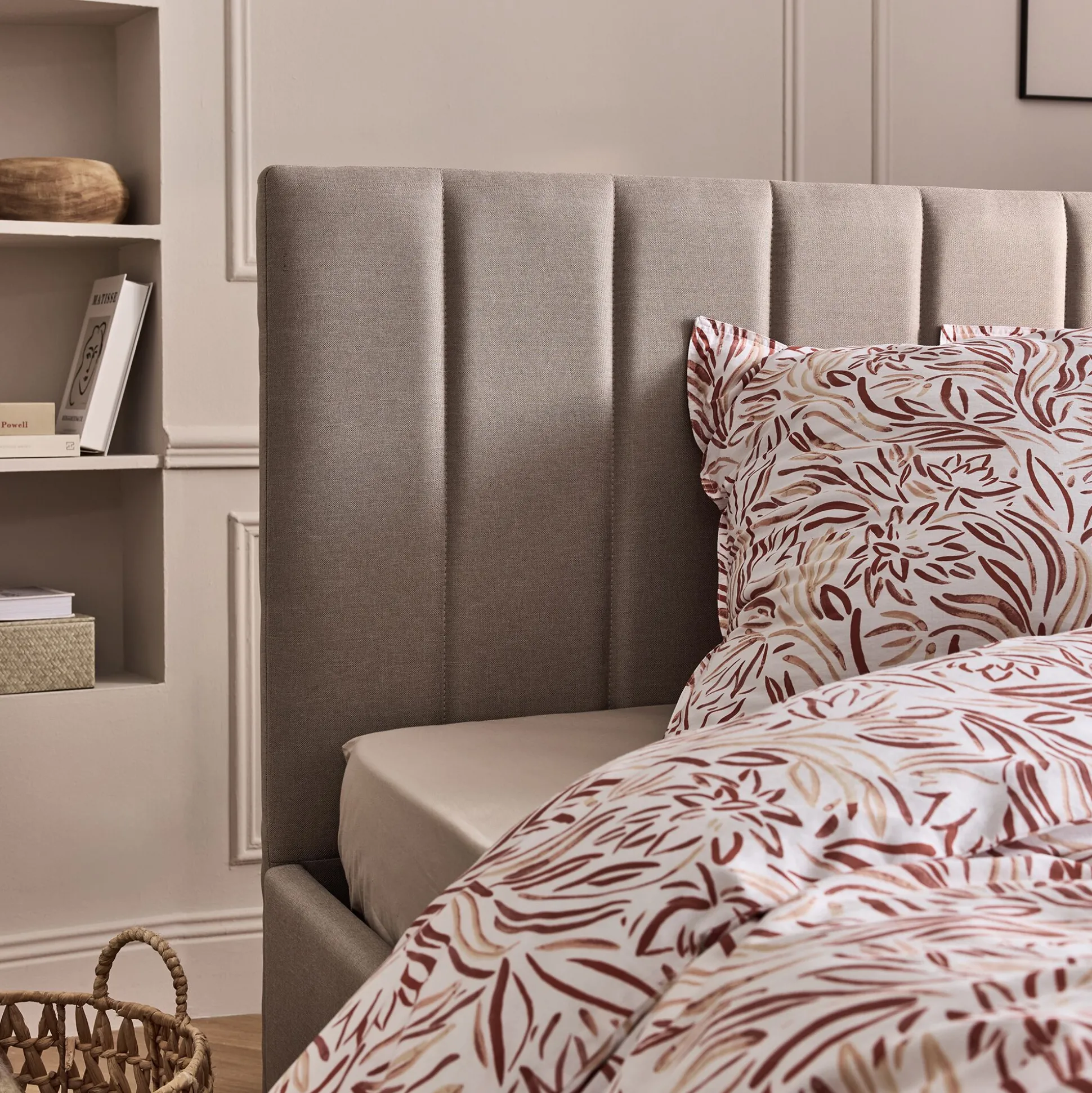 Lit-coffre 2 places recouvert de tissu - beige 140x200cm