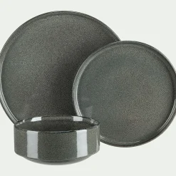 Lot de 4 assiettes plates en grès émail réactif D27cm - vert olivier