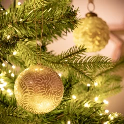 Lot de 6 boules de Noël en papier mâché motif végétal peint main D7cm - doré