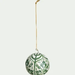 Lot de 6 boules de Noël en papier mâché motif végétal peint main D7cm - vert