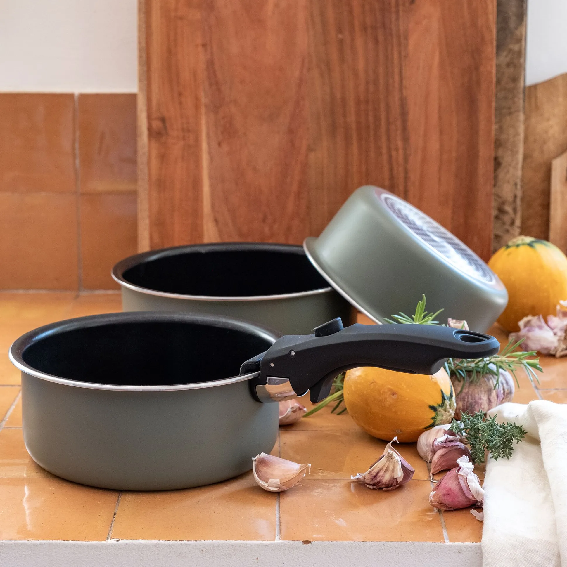 Lot de 3 casseroles en aluminium avec manche amovible - vert cèdre