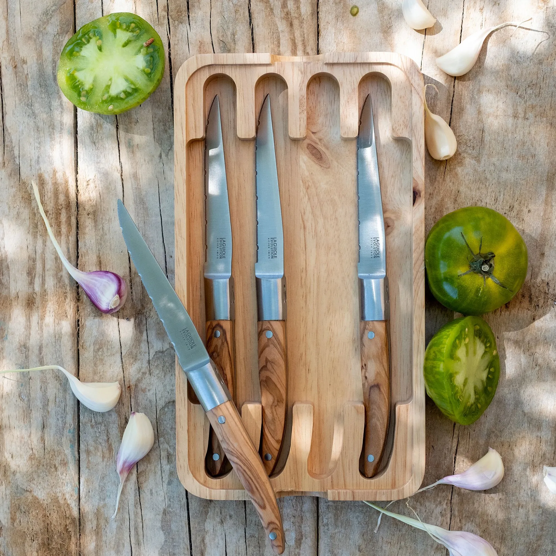 Lot de 4 couteaux à steak en inox et bois d'olivier - naturel